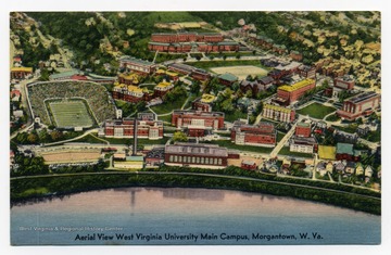 "Aerial View West Virginia University Main Campus, Morgantown, W. Va. consisting of 47 buildings with the Monongahela River in foreground."