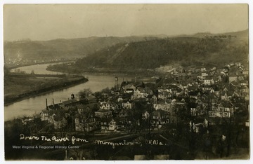 A bird's eye view of the Seneca and Sunnyside neighborhoods of Morgantown, showing the Falling Run Bridge in the foreground.