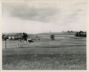 Located in Bozoo, West Virginia, Keatley's farm had a complete soil conservation plan in operation in connection with the Southern Soil Conservation District, of which Mr. Keatley was a chairman of the Board of Supervisors. The plan was written in 1943 with the strips being installed in 1945. At time of photo, entire plan is completed which included a fish pond located behind the dam in far right of photograph.