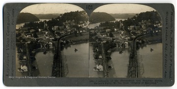 A bird's eye view of Harpers Ferry, showing the confluence of the Shenandoah and Potomac Rivers.