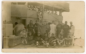 Banner reads "Champion Base Ball U.S. Pacific Fleet."  Likely shows baseball team aboard the first U.S.S. West Virginia.