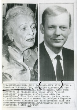 Caption reads, "Philadelphia, July 9 - Pearl Buck Aide Quits - Theodore F. Harris, 38, executive director of the Pearl D. Buck Foundation, has resigned, Miss Buck announced in Philadelphia today after "recent publicity" concerning his "actions with the foundation." Miss Buck said Harris, in his letter of resignation said a recent Philadelphia Magazine article would diminish his effectiveness with the charitable organization."