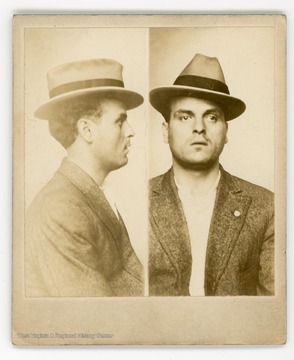 Mugshot of Blackhand group member Tony Fiarenteona.The back of the photo reads:Department of PoliceThomas Leyland, ChiefWheeling, W. VaName - Tony FiarenteonaAlias -Crime - Black HanderAge - 31Born - ItalyTrade -Read -          Write -          Married -Height- 5ft 7inWeight - 160Hair - BlackEyes - Brown, CrossedBuilt - StoutFace -Complexion - Mid DarkOfficer - ClancyDate of Arrest - Oct 25-15, Bellaire ORemarks -