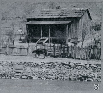 Photograph from "The Hardwood Bark," a periodical journal published by the W. M. Ritter Lumber company in the interest of its employees.This image is on a page with several other photos titled "Snapshots From Hurley." It depicts a small wooden home with a fence, a cow standing before it. The caption for this photo reads:"3. A mountaineer's home near Hurley."
