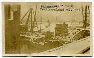 A view of the dam and locks on the Allegheny River at Parnassus, now a suburb of New Kensington, P. A. The dam and locks were engineered by the U. S. Army Corps of Engineers. 