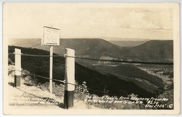 Text on the front reads, "Nancy Hanks, mother of Lincoln, was born beyond the Saddle. The Devil's Saddle from Allegheny Front Mountain, 8 miles west of New Creek, W. Va. U.S. 50. Elevation 2725 feet."