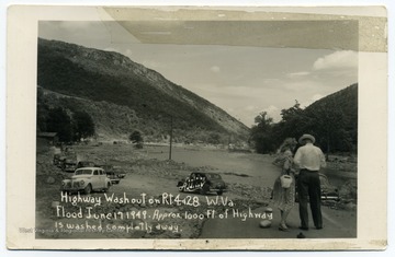 Text reads, "Highway washout on Rts. 4 and 28, W. Va. Flood June 17 2019. Approx. 1000 ft. of highway is washed completely away."