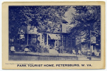 Text on back reads, "Park Tourist Home - on Routes 4-28-42 and U. S. 220. Modern rooms, hot water heat, reasonable rates and free garage. Member 'Mountain States' tourist homes. Also cabins."
