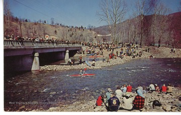 Text on the back reads, "First week-end of April each year is white water racing on the North Fork. Here is the start of the 14 mile course beginning at the Mouth of Seneca and ending at the Smoke Hole in Grant County, W. Va."