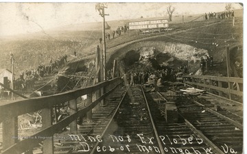 A postcard showing the extent of the destruction inflicted by the explosion of Monongah Mine No.8. Back reads: "The worst damage was done at this mine, over 225 bodies have been taken out to date and about twice that amount in there yet, exact number [illegible] never be known [illegible] reach near 700."