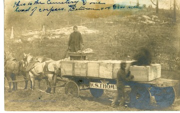 Caskets from the Monongah Mine Disaster being taken to the cemetery by W. S. Thomas. An excerpt of text from the front states, "Between 400 and 600 killed."Back reads: "Where is that post card picture of your school you were going to send me? How are you? One of my cousins (Becca Clinton) was buried yesterday. 3 of her sisters and her brother Luke are not expected to live. You remember him. You had his knife. They have Spinal Meningitis. I am not teaching this week. [Maurie?] Alice. To Ada Ballentine, Waverly, West Virginia."